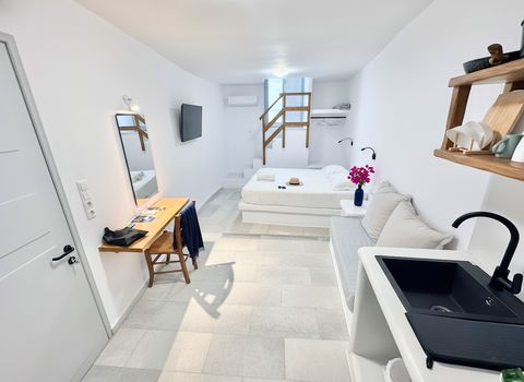 Kitchenette sink and sofa in front, with the bed on a raised platform beyond